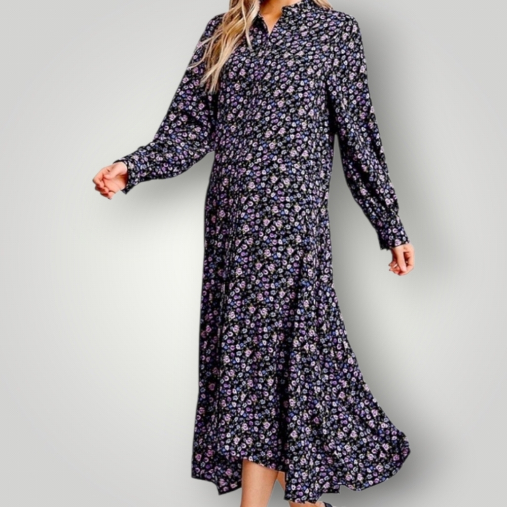 En Saison Black Purple Floral Maxi Dress Medium Long Sleeve Mock Neck Button